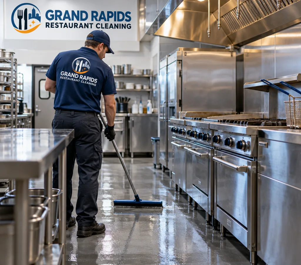 A Grand Rapids restaurant kitchen after hours with freshly cleaned stainless prep tables, range line, floor, hood and filters