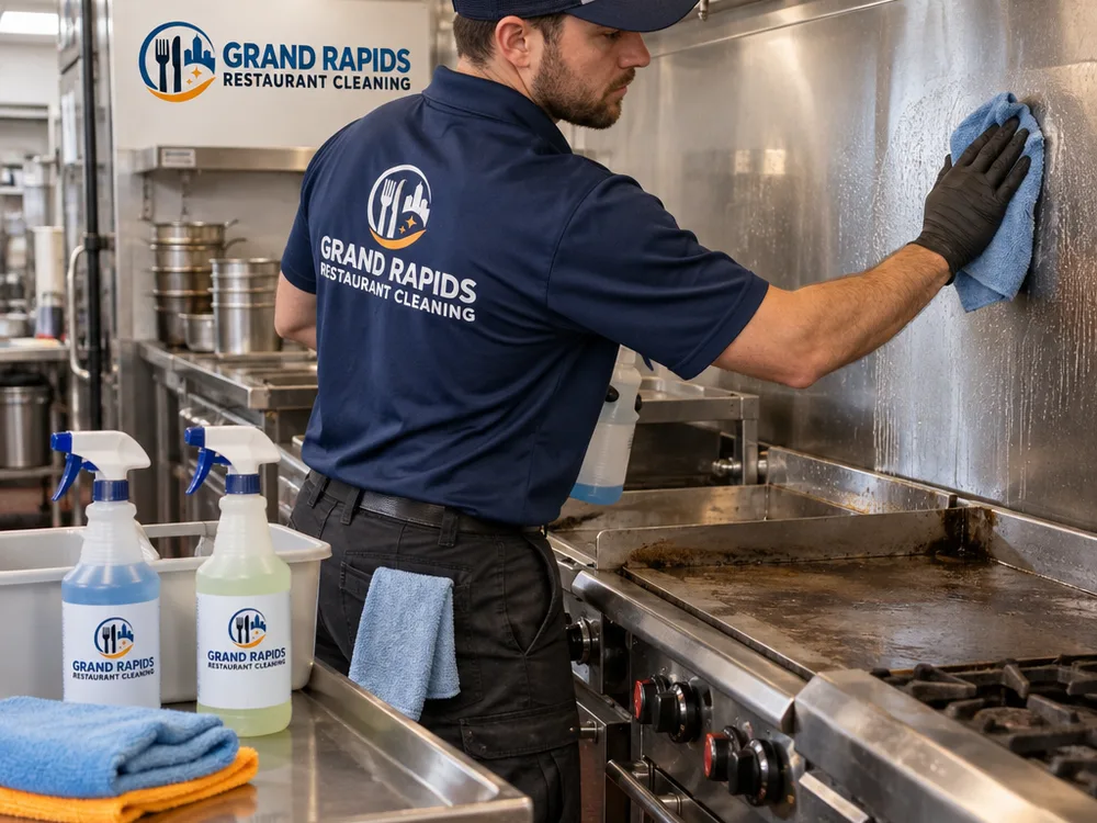 Technician hand-cleaning stainless equipment fronts and degreasing a commercial cook-line backsplash with neatly staged supplies