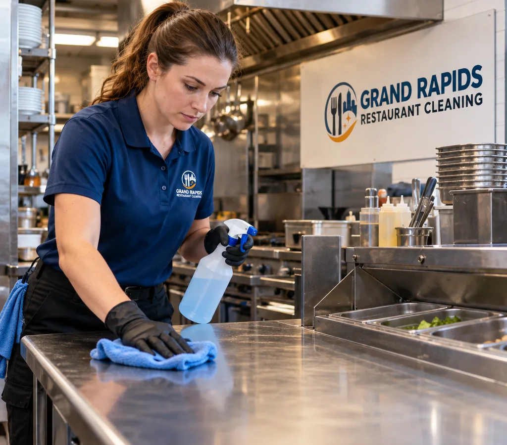 Uniformed restaurant cleaner sanitizing a commercial kitchen prep line and stainless surfaces after service