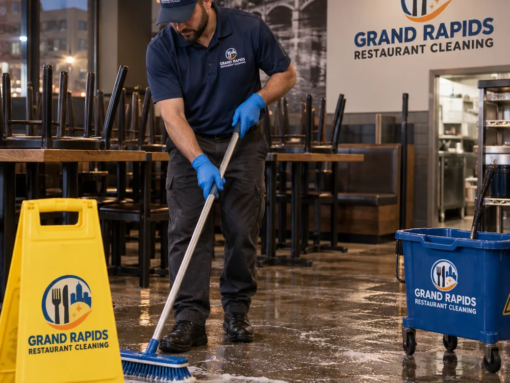 Cleaner scrubbing a restaurant dining room floor after hours with tables moved and wet floor signage in place
