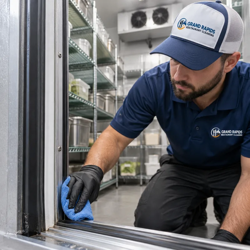 Clean walk-in cooler shelving, floor edges, door gasket and track area