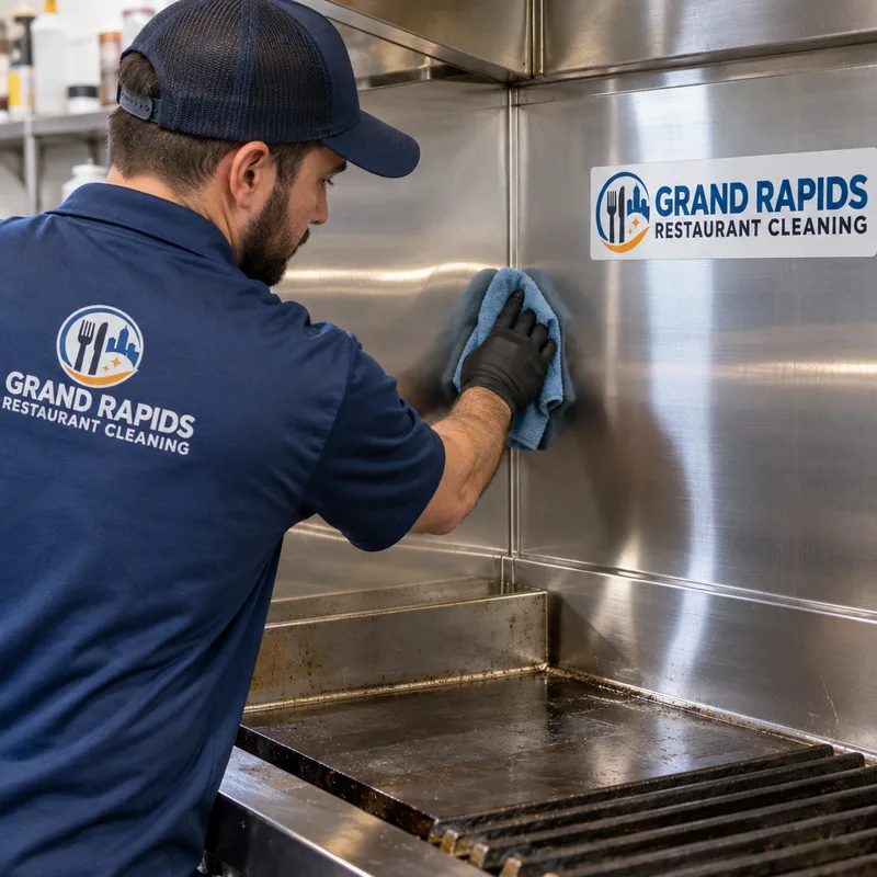 Cleaned stainless backsplash and side panels near a commercial grill line