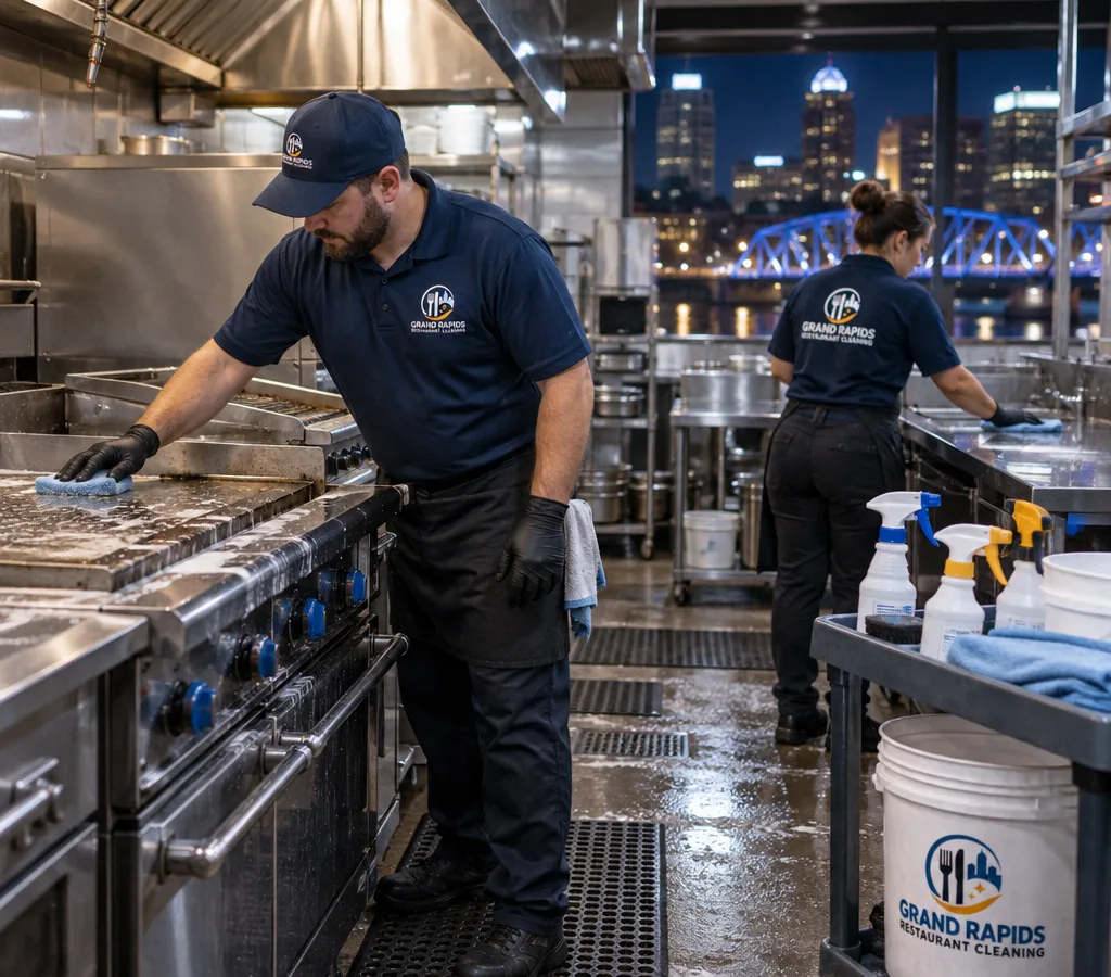After-hours Grand Rapids restaurant kitchen with technicians cleaning the cookline and stainless surfaces