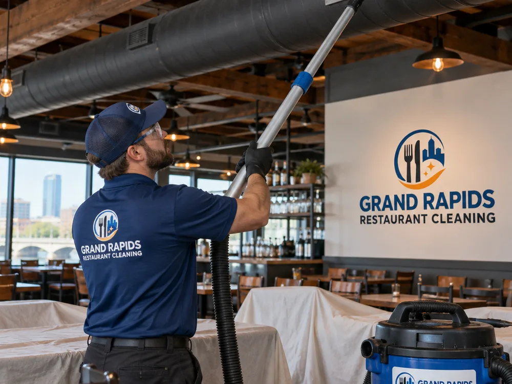 Technician high dusting exposed ceiling beams and HVAC vent covers in a restaurant dining area