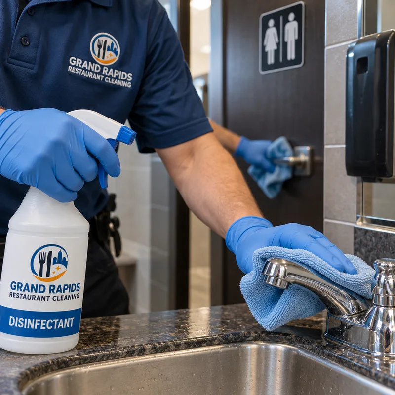 Gloved cleaner disinfecting restaurant restroom faucet handles and a door latch with labeled commercial disinfectant
