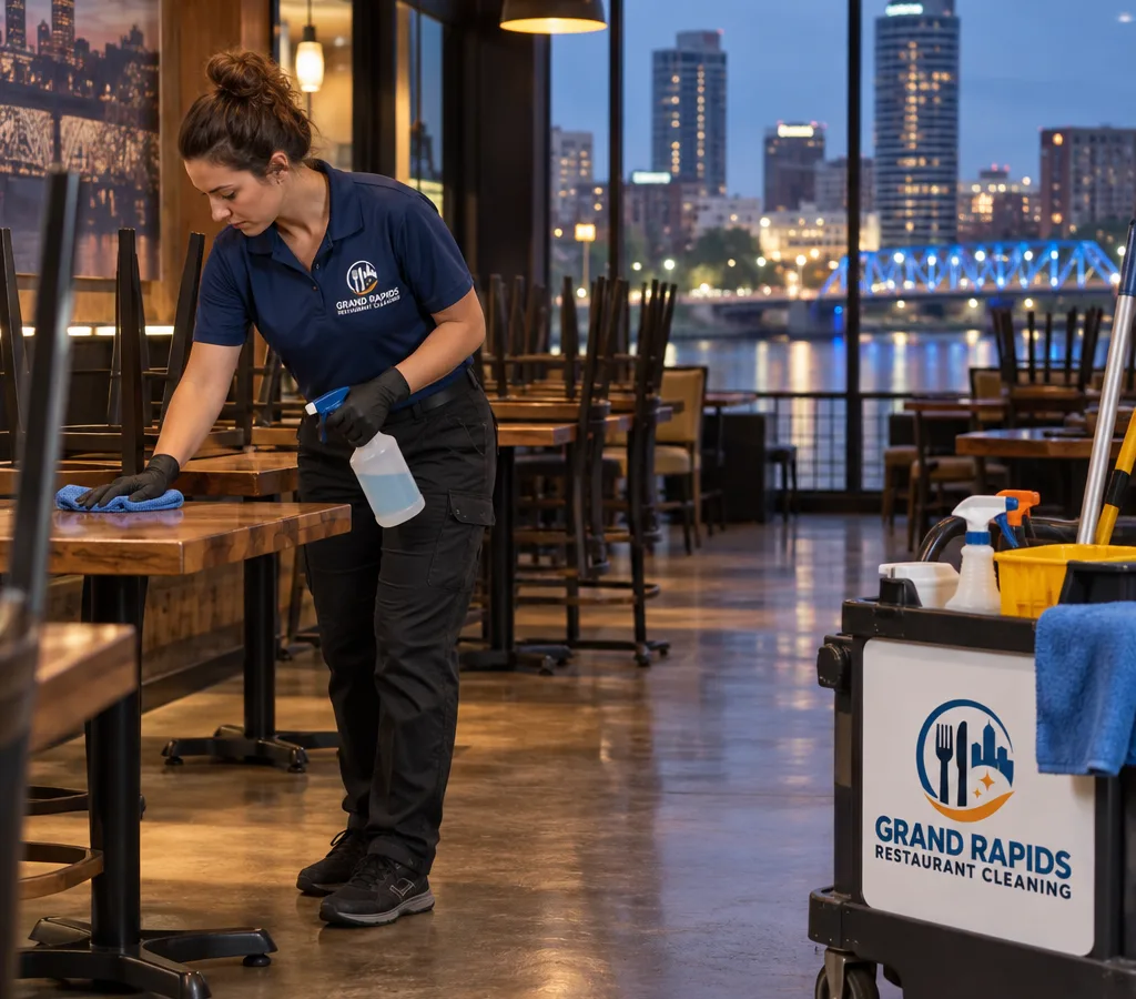 After-hours Grand Rapids restaurant dining room with chairs raised while a cleaner details tables and floor edges
