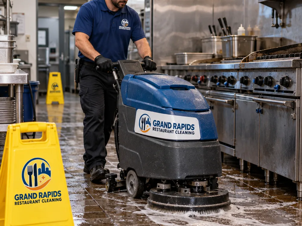Cleaner operating a floor scrubber near a commercial cook line after hours with wet-floor safety signage