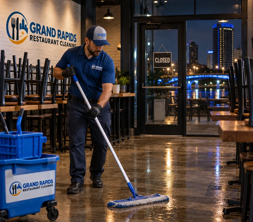 A professional cleaner mopping a restaurant dining room floor at night with chairs raised and the restaurant closed