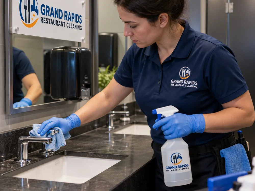 A night cleaning technician disinfecting restaurant restroom faucet handles and a countertop with labeled supplies