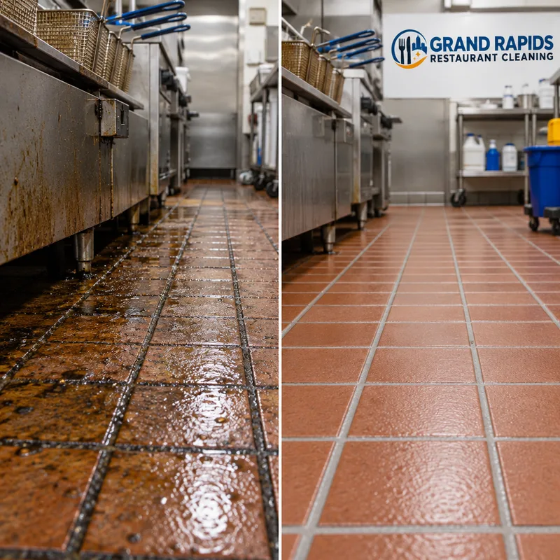 Comparison of a greasy quarry tile lane near a fryer before and after degreasing with cleaner grout lines
