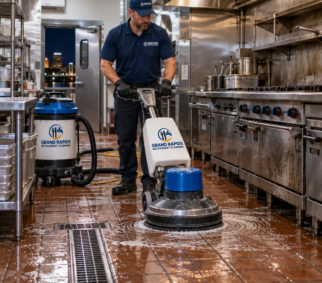 Technician scrubbing a greasy commercial kitchen tile floor near a cook line with a floor machine and wet vacuum