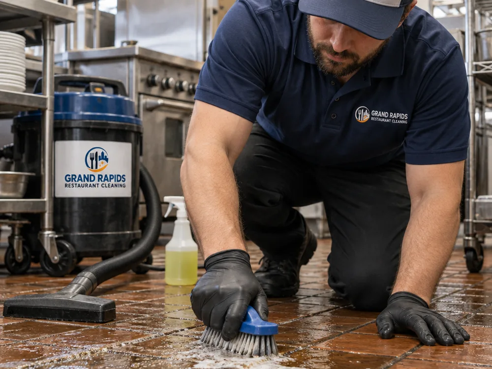 Technician brushing greasy grout lines on textured commercial kitchen tile with degreaser and a wet-vac wand nearby