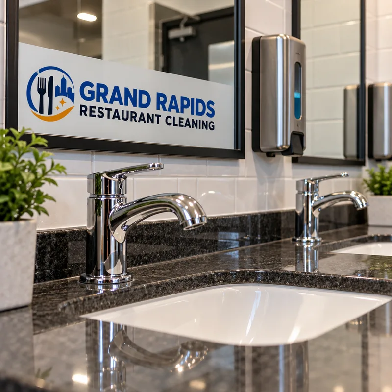 Clean restroom sink counter with a polished faucet, streak-free mirror, and disinfected dispenser area