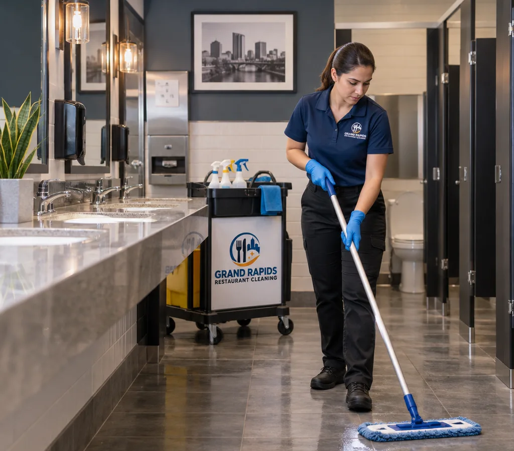 A spotless restaurant restroom with clean sinks, mirrors, toilets, and floors in a commercial setting near Wyoming, Michigan