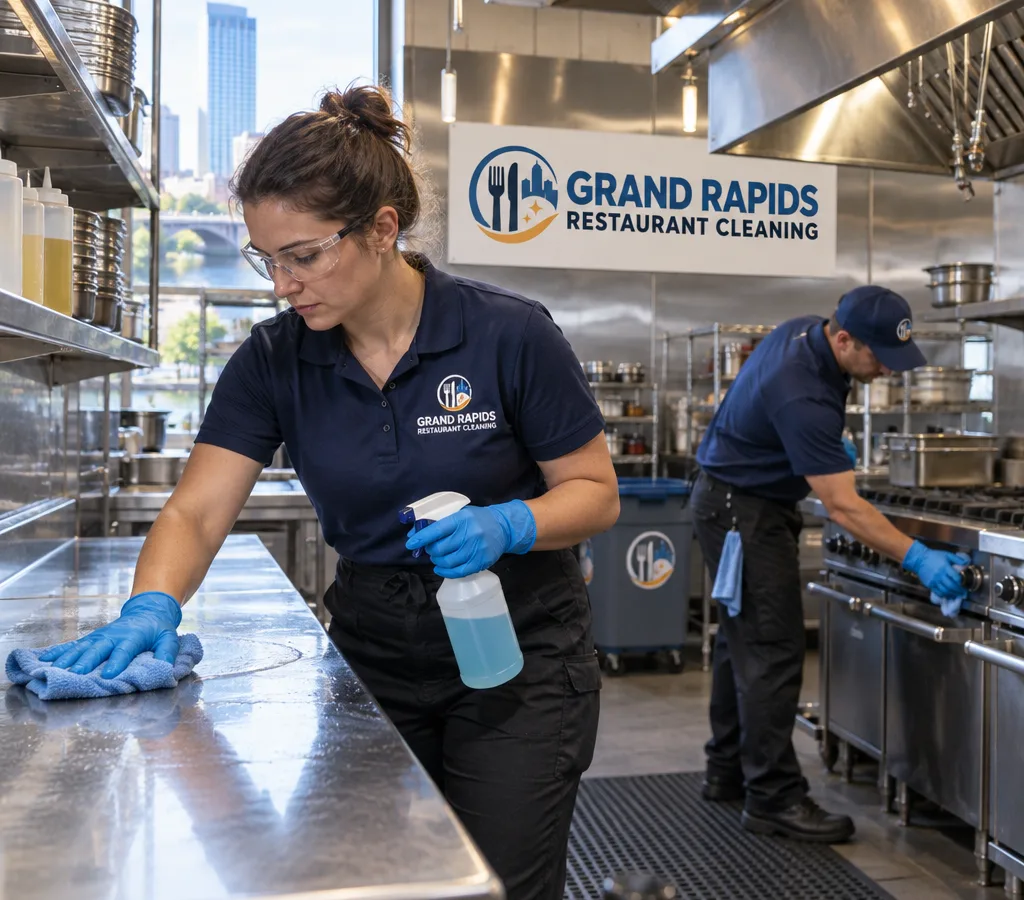 Professional cleaners detailing stainless prep surfaces and a cook line in a Georgetown commercial kitchen