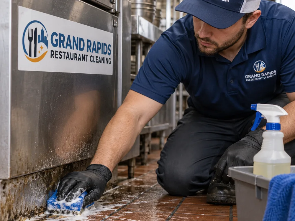 Technician scrubbing greasy buildup along a stainless equipment base and quarry tile floor edge