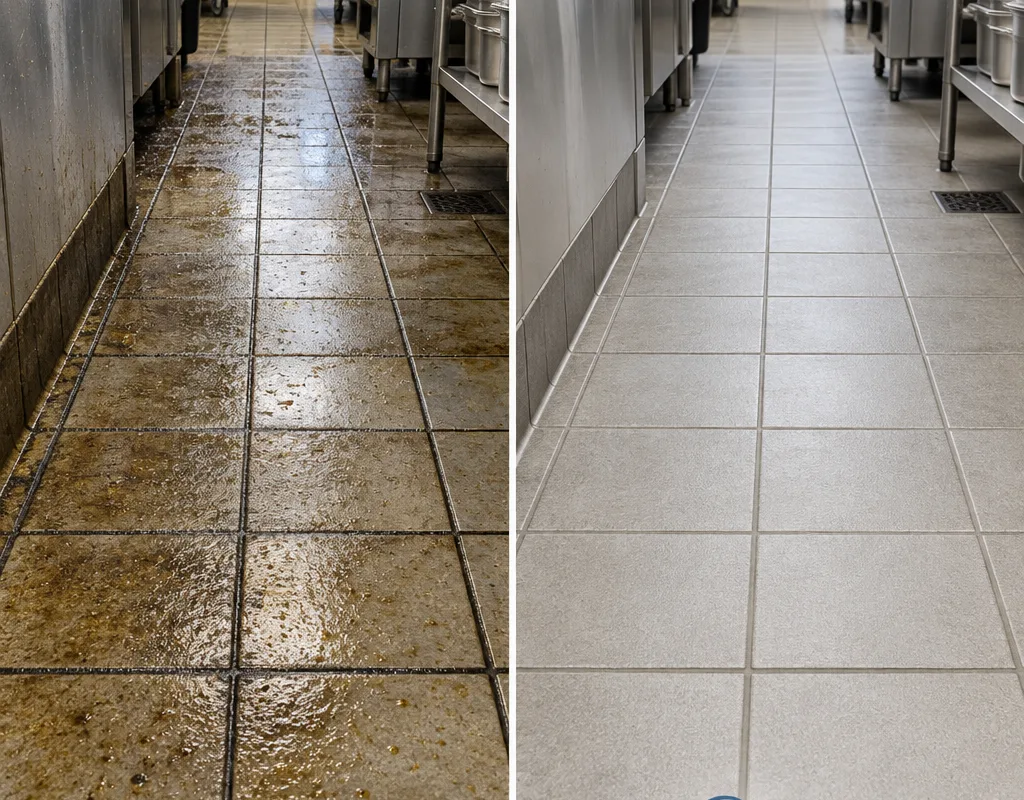 Before-and-after commercial kitchen tile floor with grease haze removed and grout and cove base cleaned