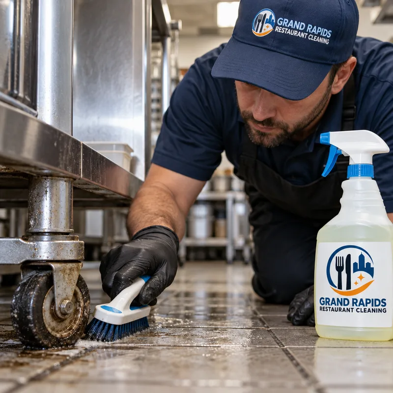 Technician detailing greasy grout and caster areas beneath a stainless prep table