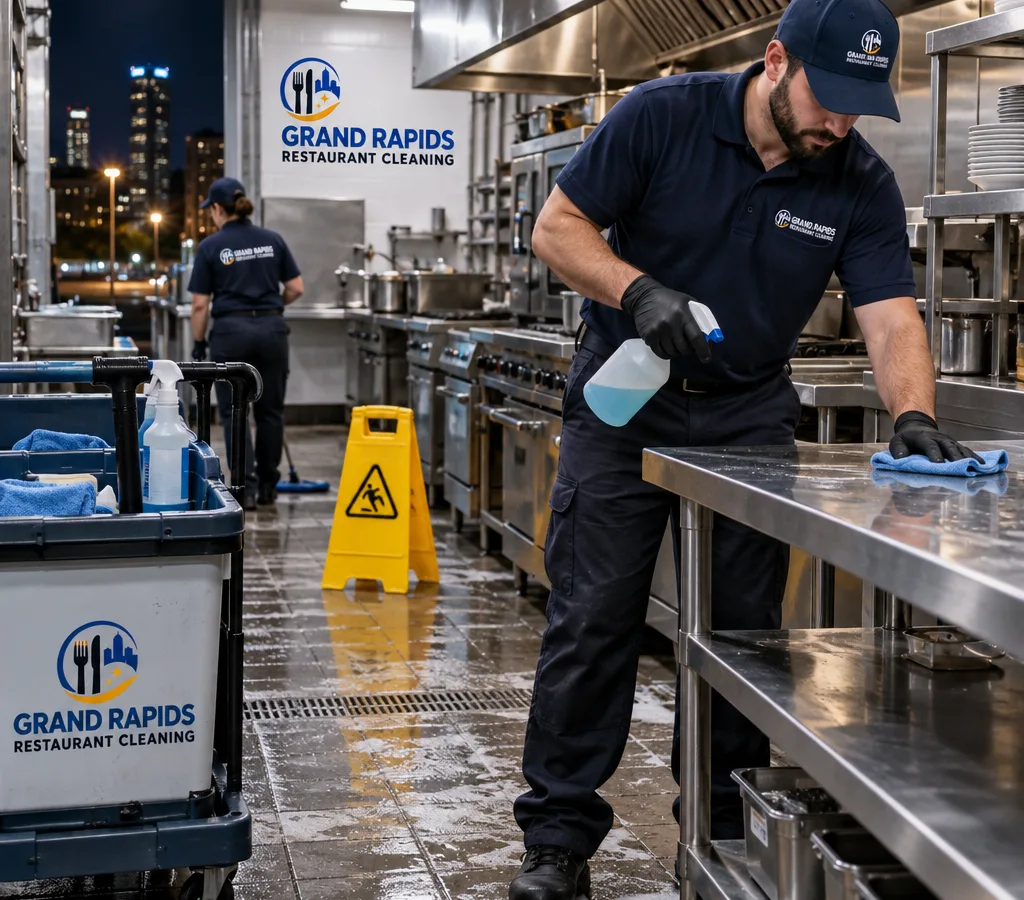 Technician cleaning stainless prep tables and floor edges in a Kentwood-area restaurant kitchen at night