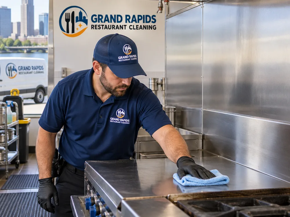 Cleaned stainless cook-line splash area and wall panels without visible grease film