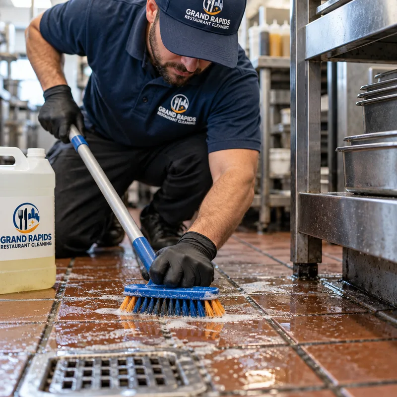Gloved cleaner detailing greasy grout and quarry tile near a commercial prep line with a deck brush and floor drain visible