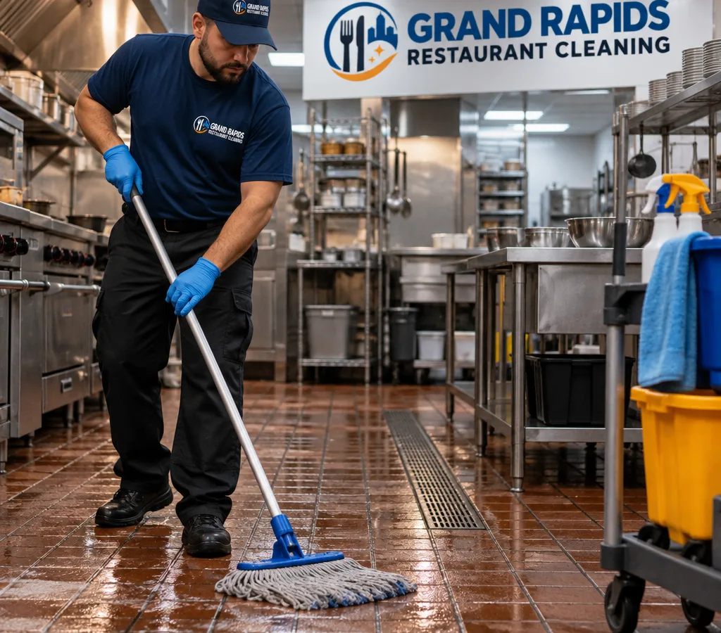 Cleaner mopping a commercial kitchen floor among stainless prep tables, floor drains, and color-coded cleaning tools
