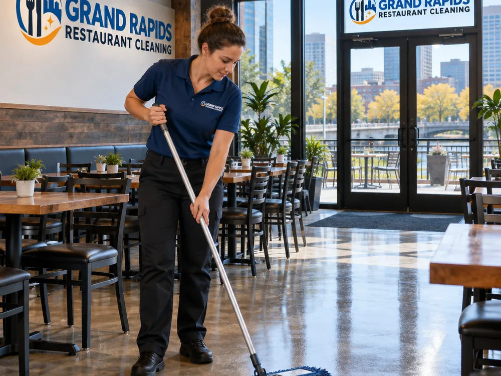 Restaurant dining area reset after hours with aligned furniture, clean floors, spotless entry glass, and removed trash