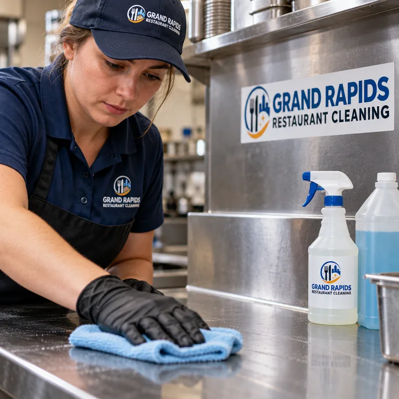 Stainless prep table and backsplash being sanitized with labeled products and microfiber cloths