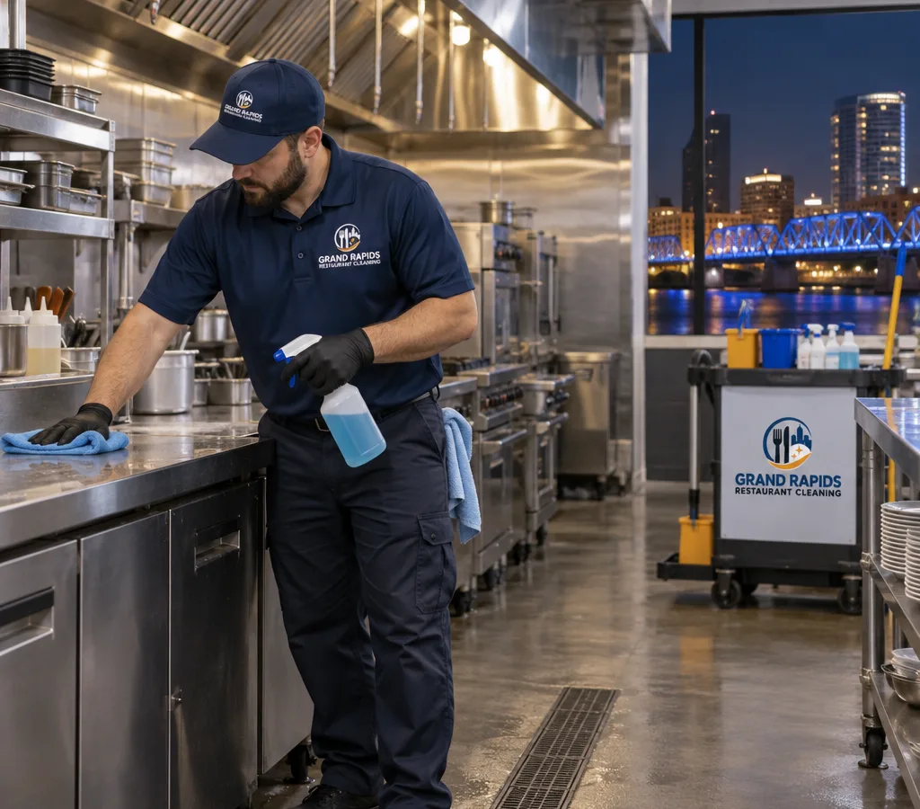 Professional cleaner sanitizing a Gaines Charter restaurant kitchen prep line after hours
