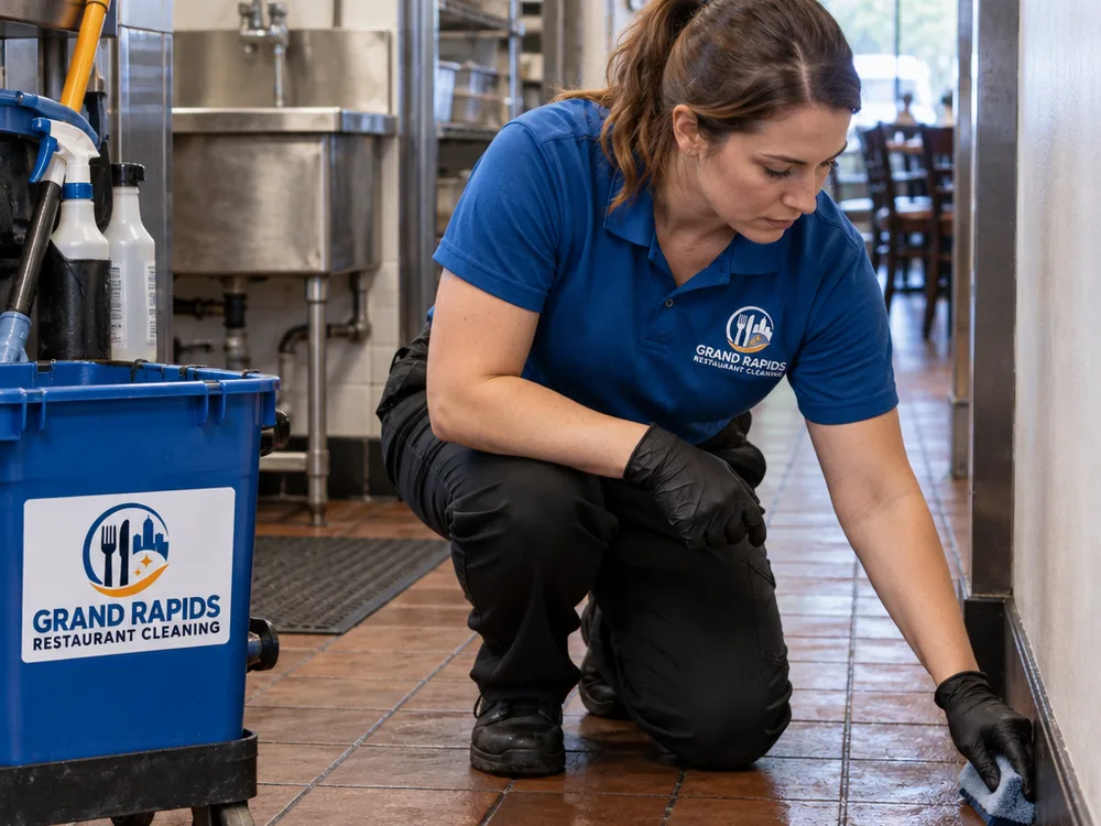 Cleaner detailing restaurant corridor floor edges and baseboards near a utility area