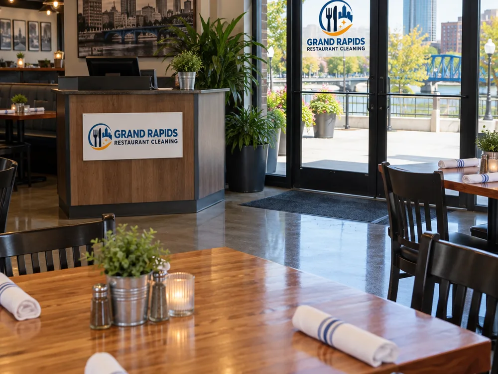 Restaurant dining area after cleaning with clean floors, tables, glass entry and host stand