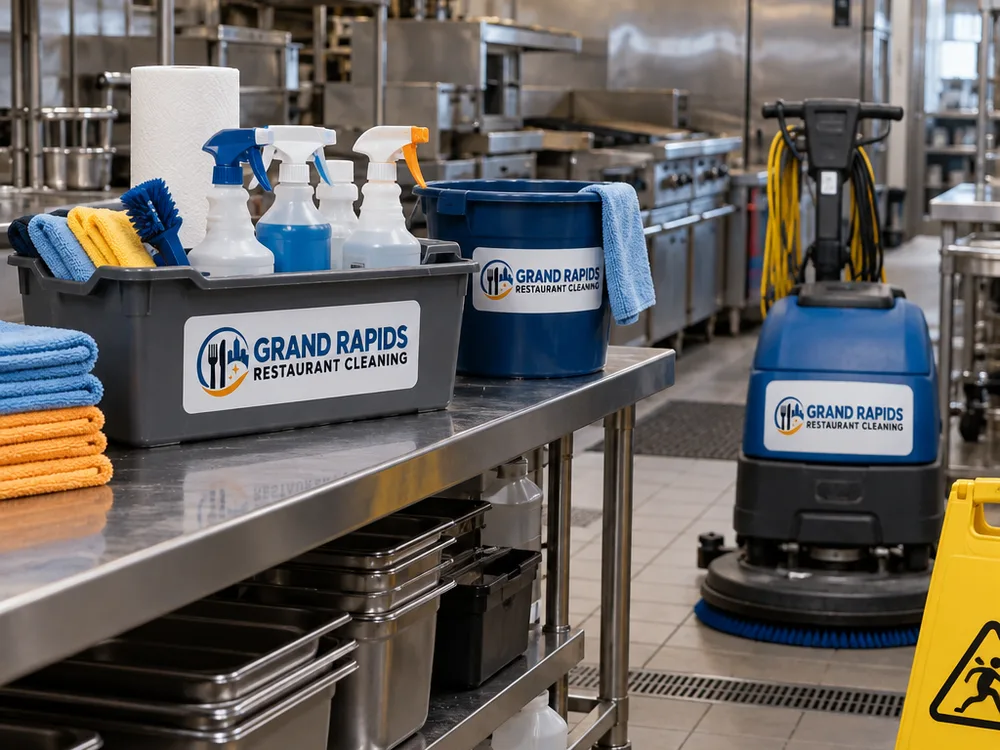 Restaurant cleaning team staging labeled supplies and floor equipment in a commercial kitchen before work